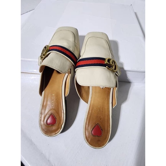 Authentic Gucci Double G Logo Leather Mules Off-White Size 40 - Picture 1 of 12